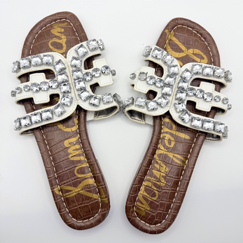 Women's Sam Edelman Leather Diamond Gem Sandals Slip On White Slides SZ 5